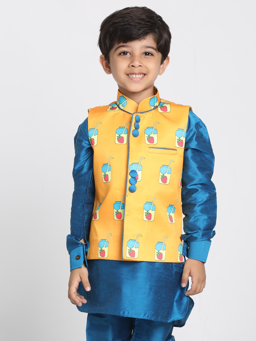 

VASTRAMAY Boys Orange & Blue Printed Slim-Fit Satin Nehru Jacket