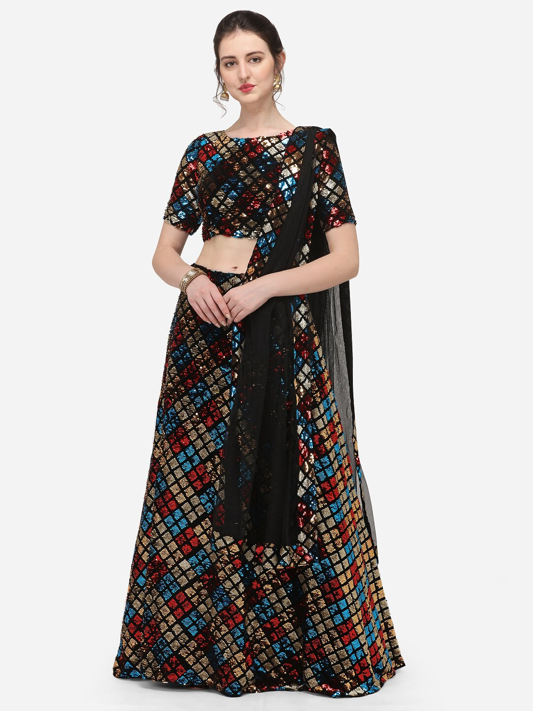 

JATRIQQ Black & Red Sequinned Velvet Semi-Stitched Lehenga & Unstitched Blouse & Dupatta