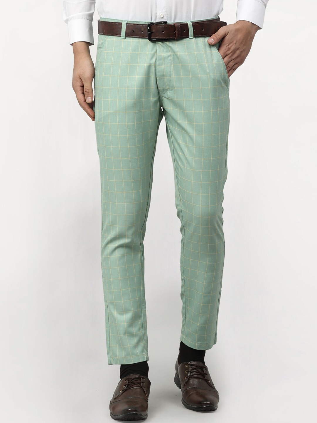 

JAINISH Men Sea Green Checked Tapered Fit Formal Trousers