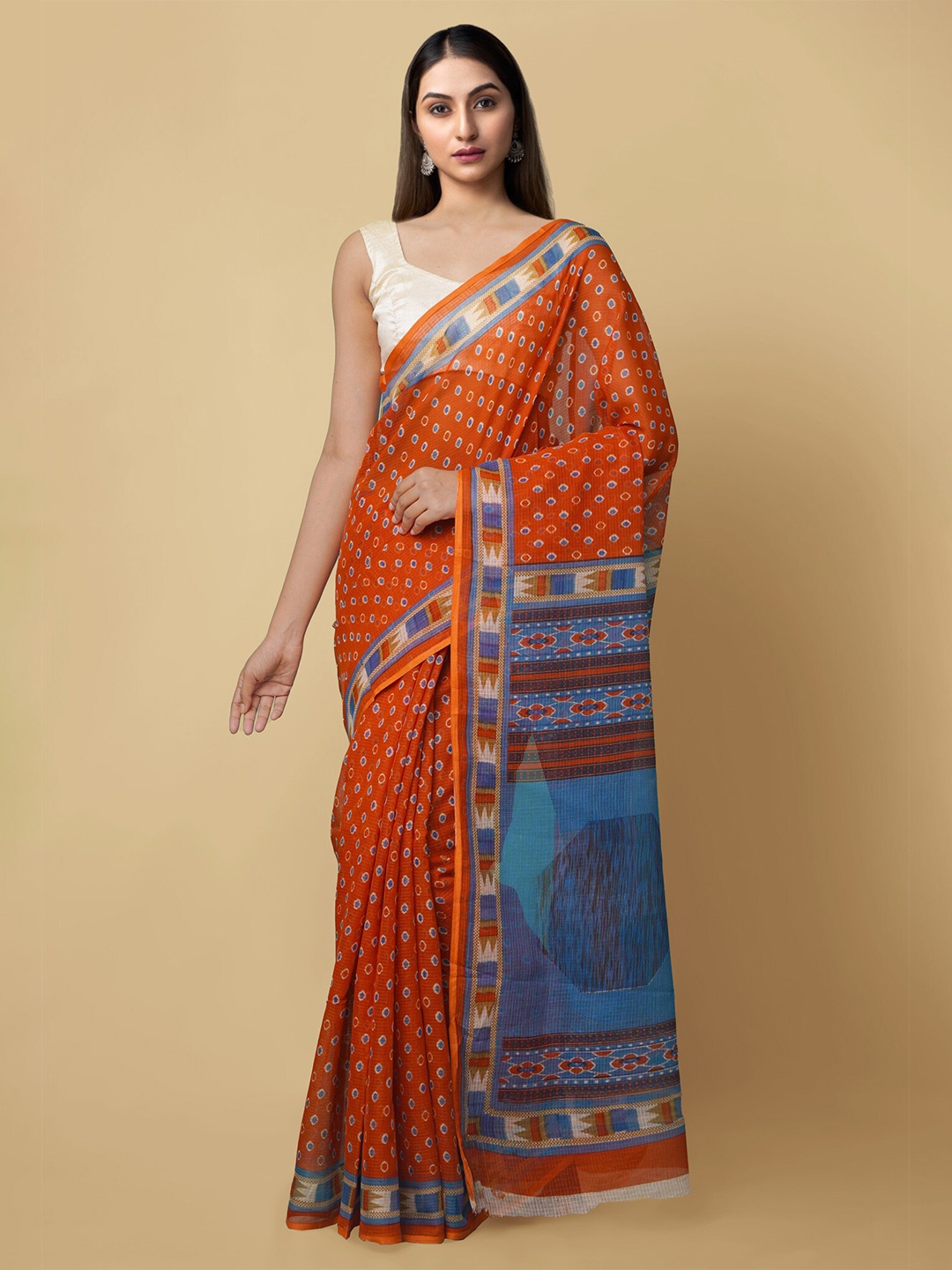 Unnati Silks Women Orange & Blue Pure Hand Block Printed Kota Cotton Sustainable Saree
