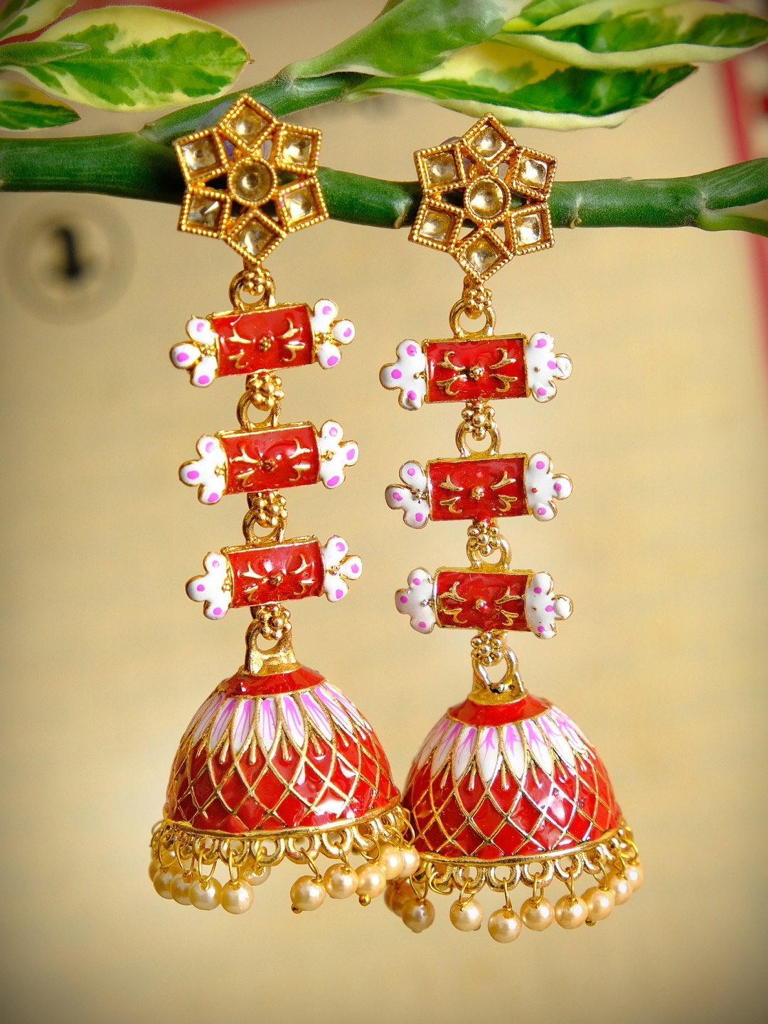 

Crunchy Fashion Gold-Plated & Red Dome Shaped Jhumkas Earrings