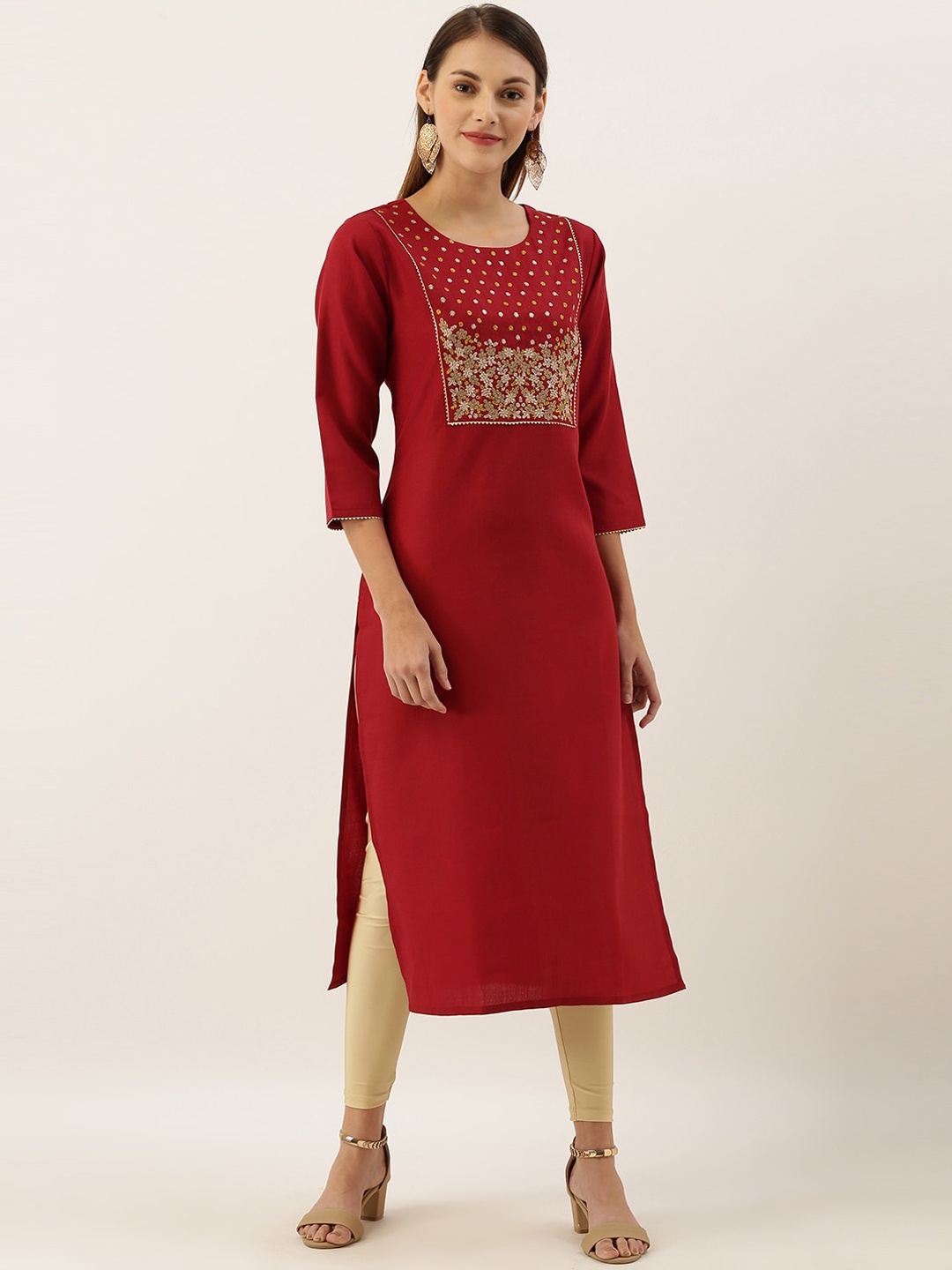 

Varanga Women Maroon Ethnic Motifs Yoke Design Handloom Kurta