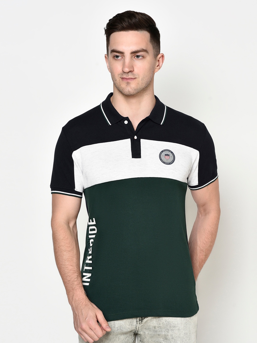 

Octave Men Green Polo Collar Applique T-shirt