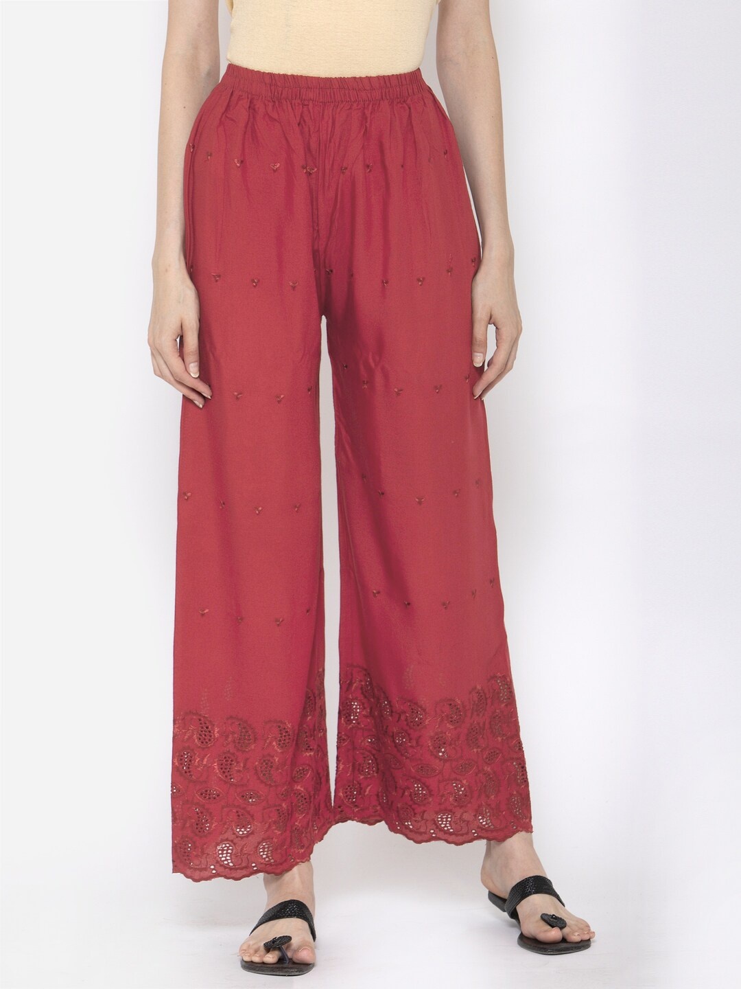 

KLOTTHE Women Rust Red Paisley Embroidered Palazzos