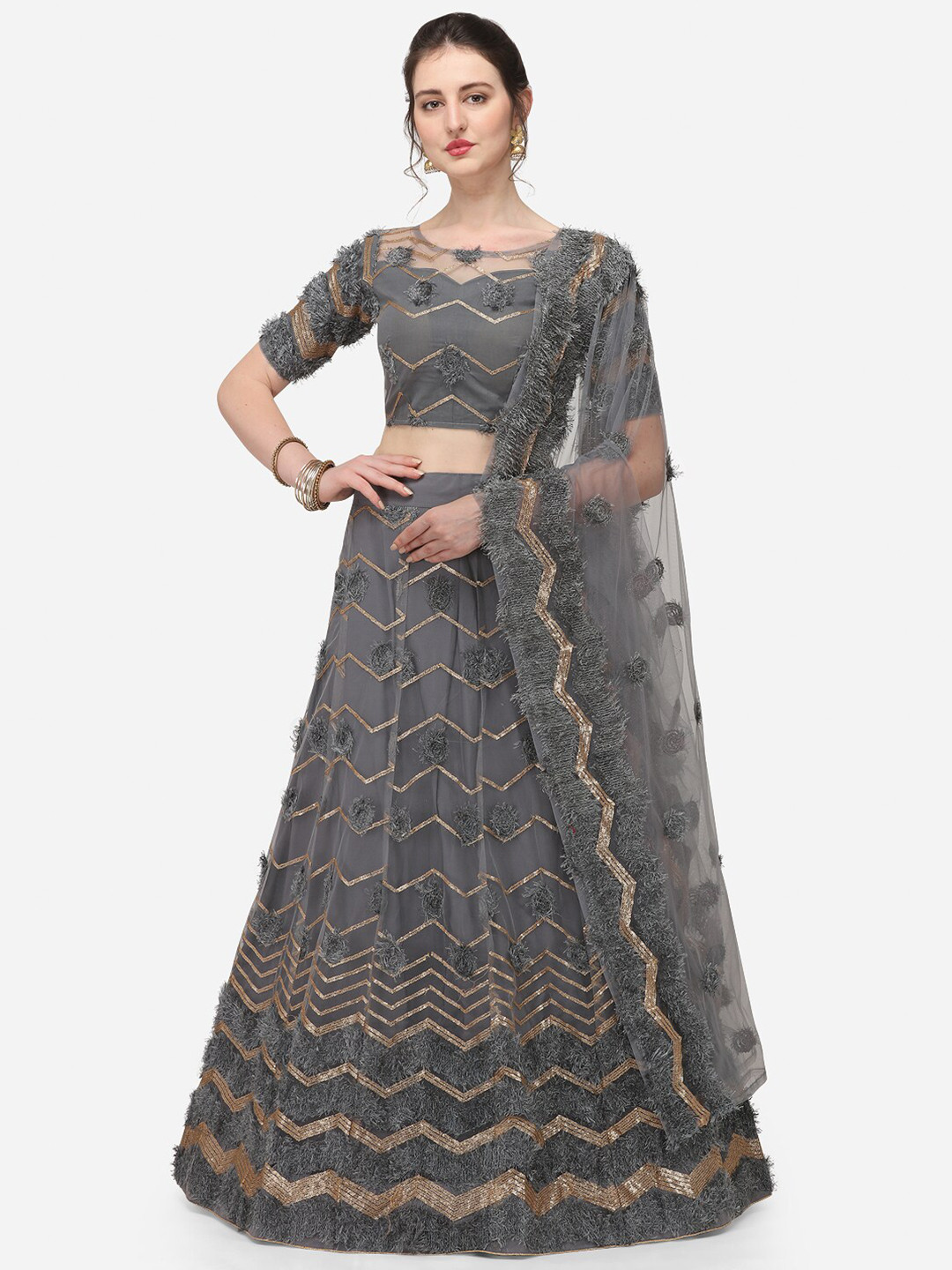 

JATRIQQ Grey & Gold-Toned Embroidered Sequinned Semi-Stitched Lehenga With Dupatta