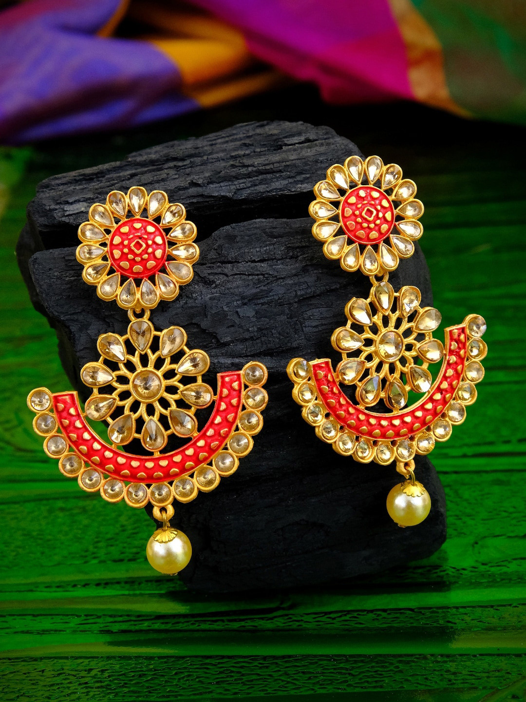 

Crunchy Fashion Gold-Plated & Red Contemporary Drop Earrings