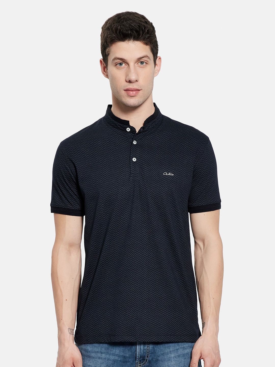 

Octave Men Navy Blue Printed Mandarin Collar Cotton T-shirt