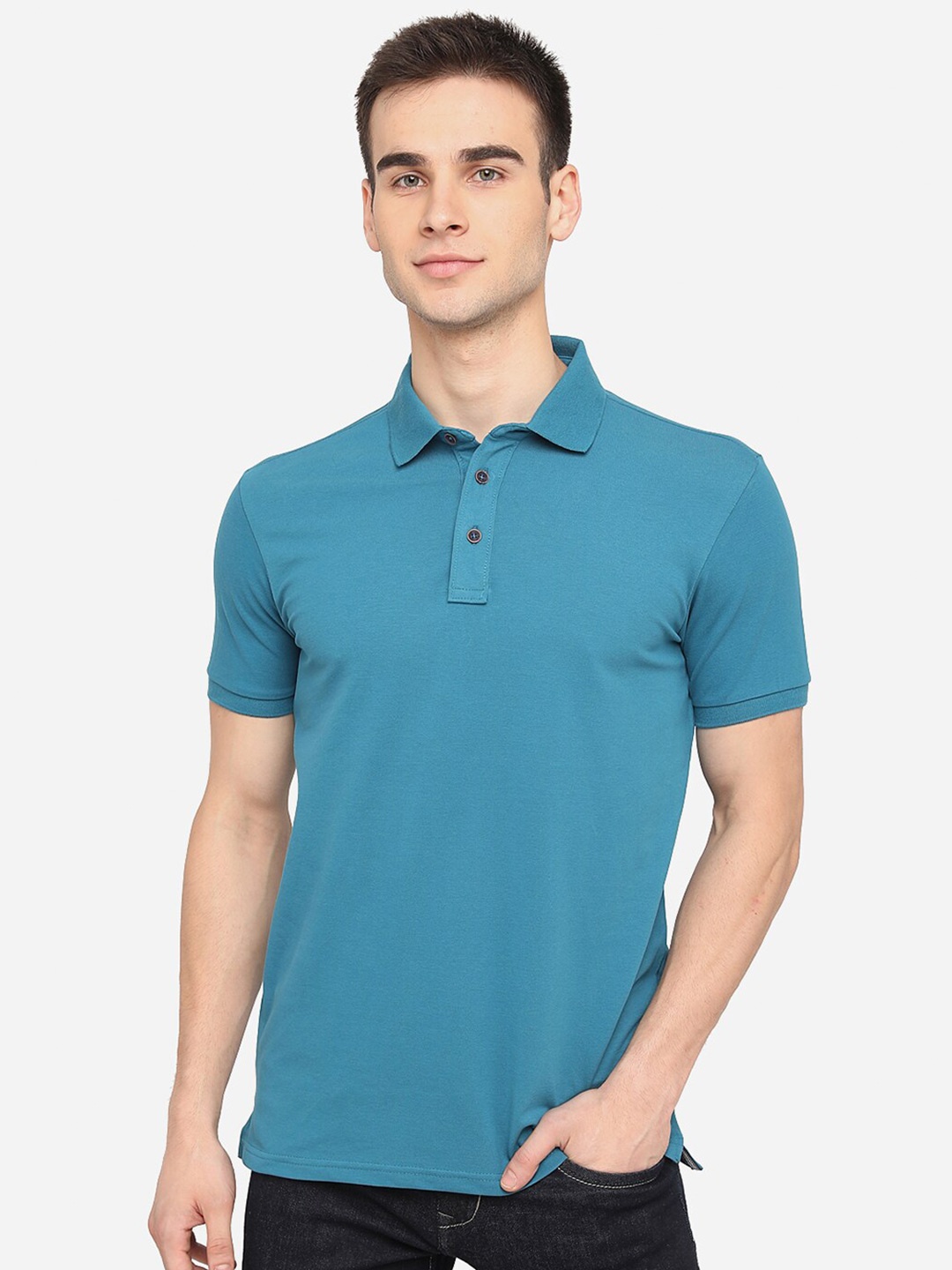 

JADE BLUE Men Blue Polo Collar Cotton Slim Fit Pure Cotton T-shirt