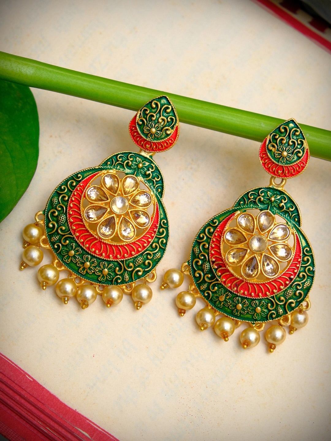 

Crunchy Fashion Gold & Green Contemporary Chandbalis Earrings