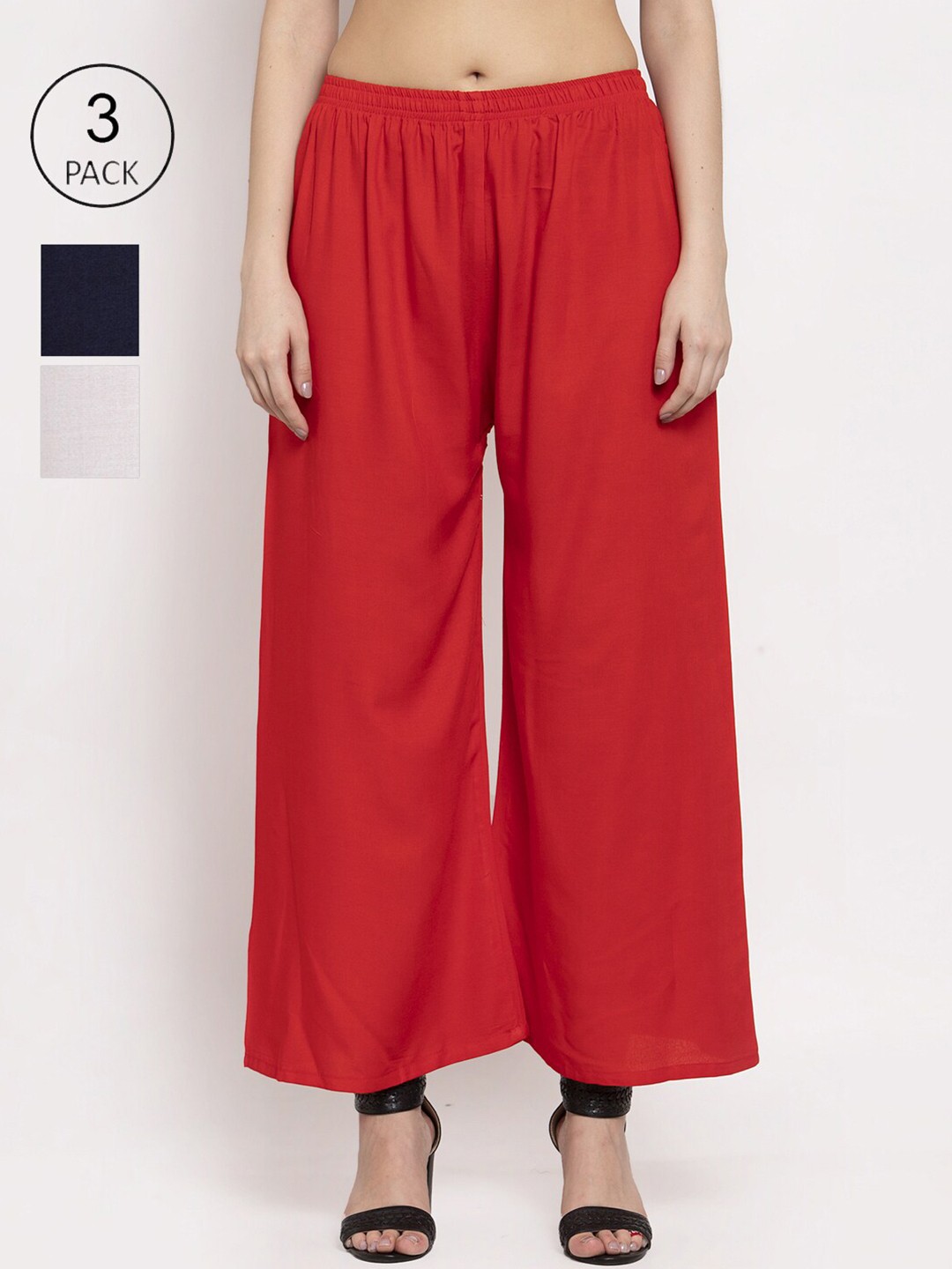 

Miaz Lifestyle Women Pack of 3 Solid Wide Leg Palazzos, Red