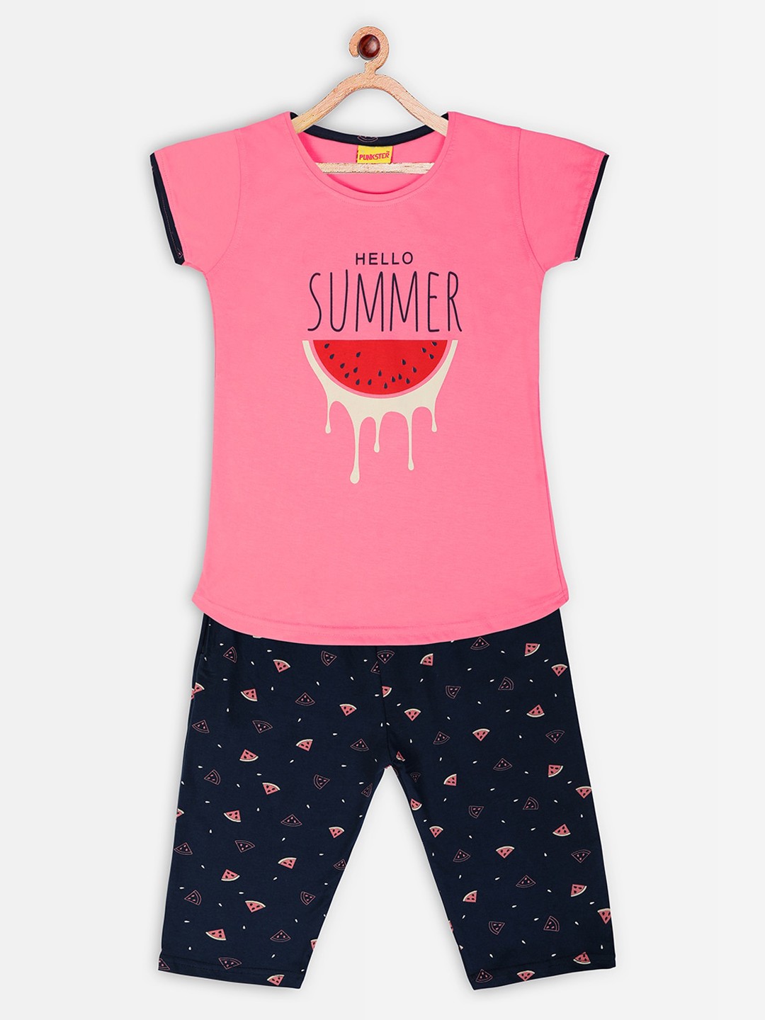 

Punkster Girls Pink & Navy Blue Printed Night suit