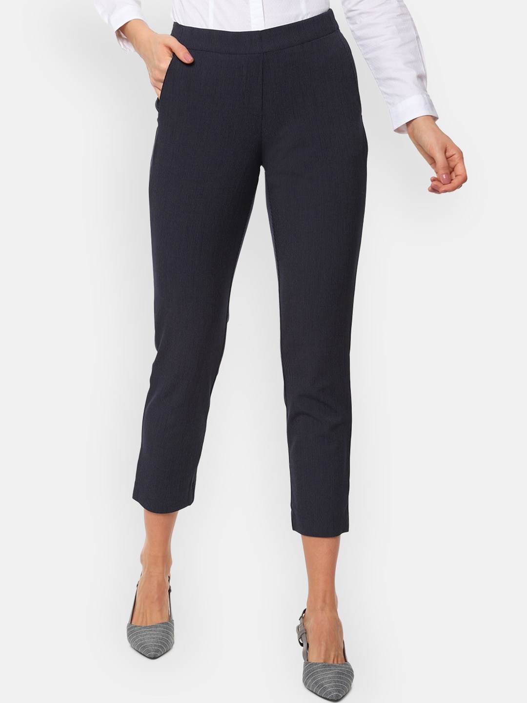 

Van Heusen Woman Navy Blue Striped Slim Fit Cigarette Trousers