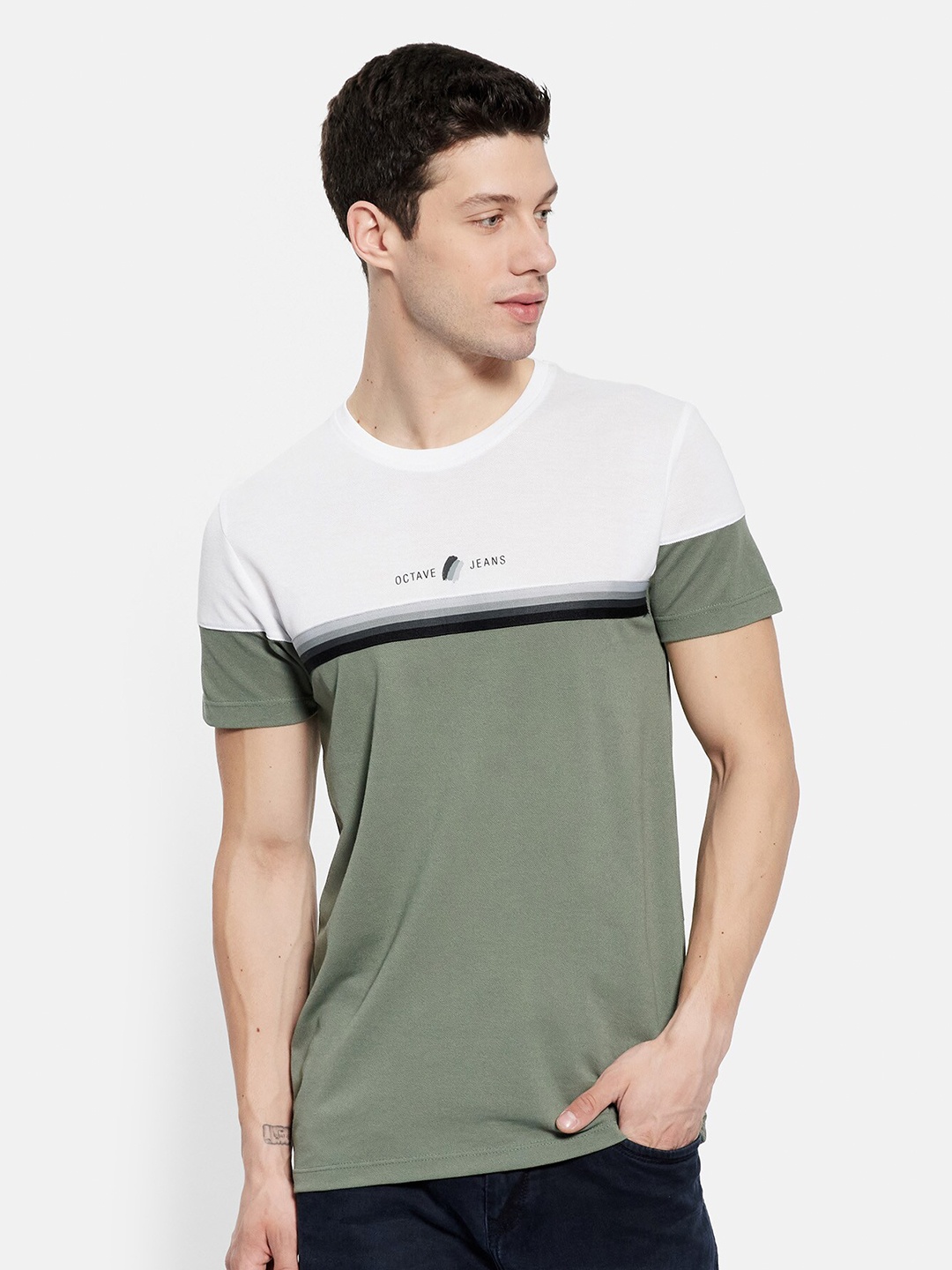 

Octave Men Olive Colourblocked Mandarin Collar T-shirt