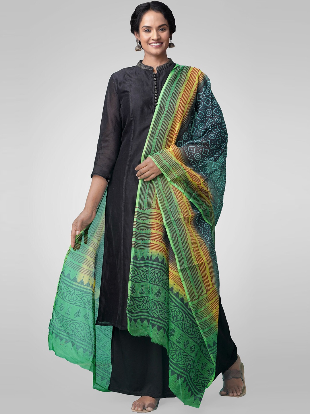 

Unnati Silks Green & Yellow Printed Pure Cotton Hand Block Print Dupatta