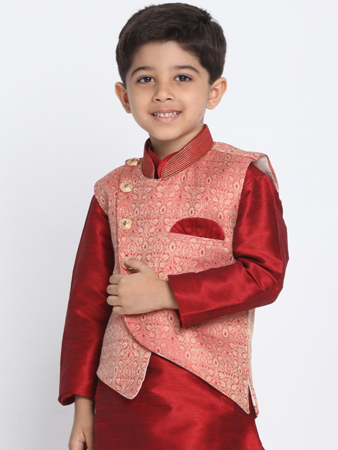 JBN Creation Boys Pink & Gold-Coloured Woven Design Nehru Jacket