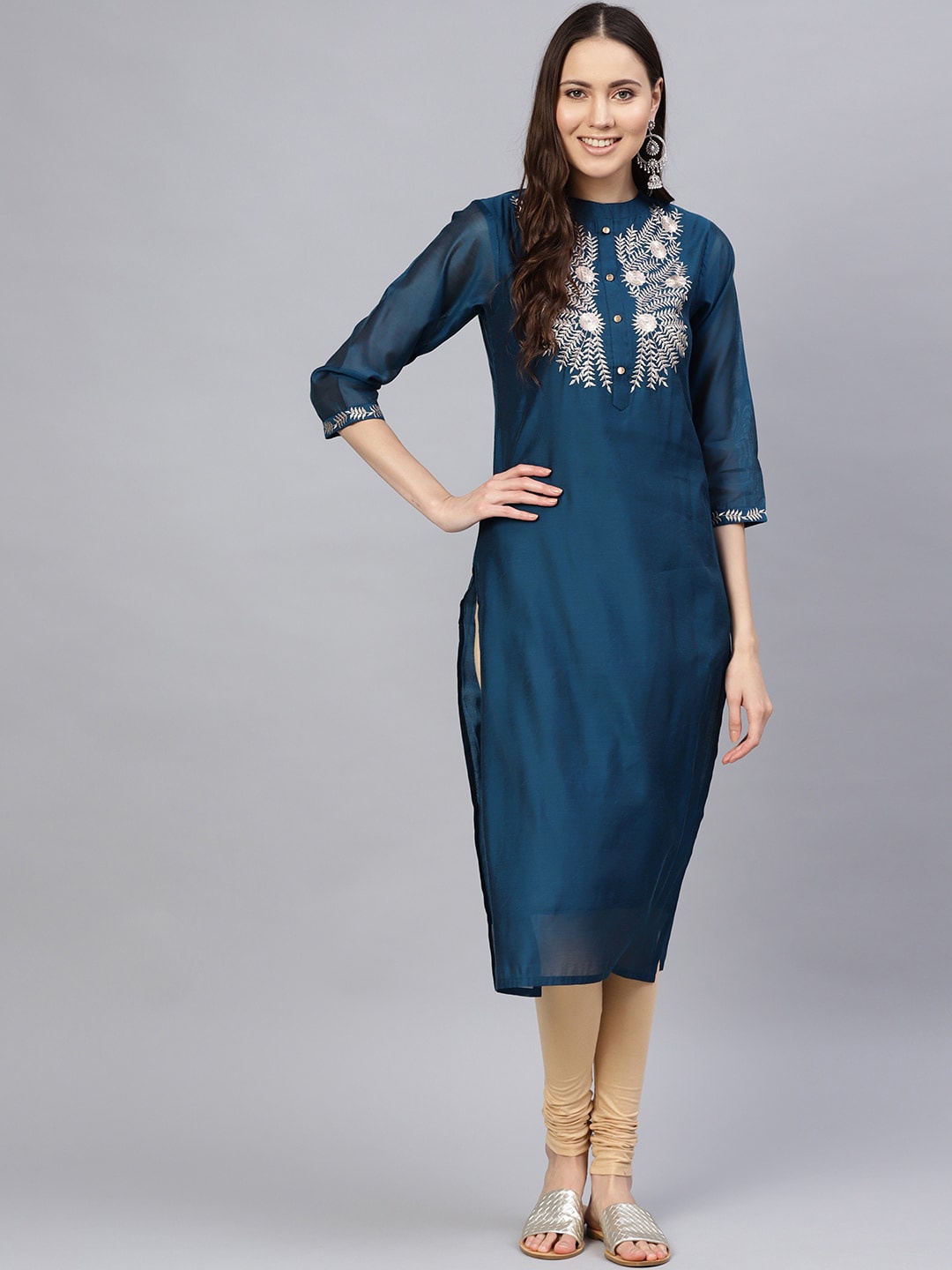

Varanga Women Teal Blue Ethnic Motifs Yoke Design Chanderi Silk Chanderi Silk Kurta