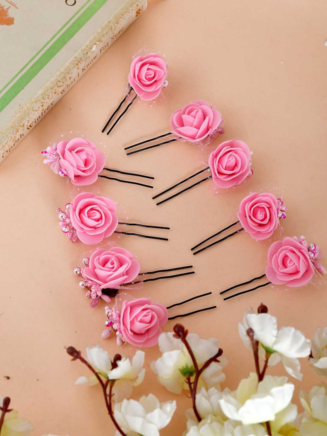

Silvermerc Designs Women Set Of 10 Pink & Black Floral Embellished U Pins