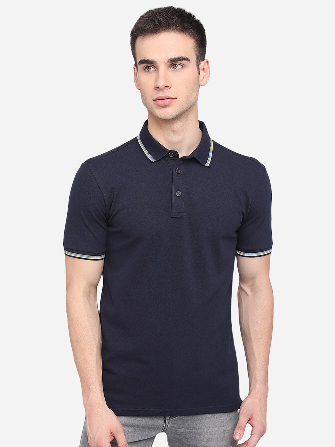 

JADE BLUE Men Navy Blue Polo Collar Slim Fit Cotton Pure Cotton T-shirt