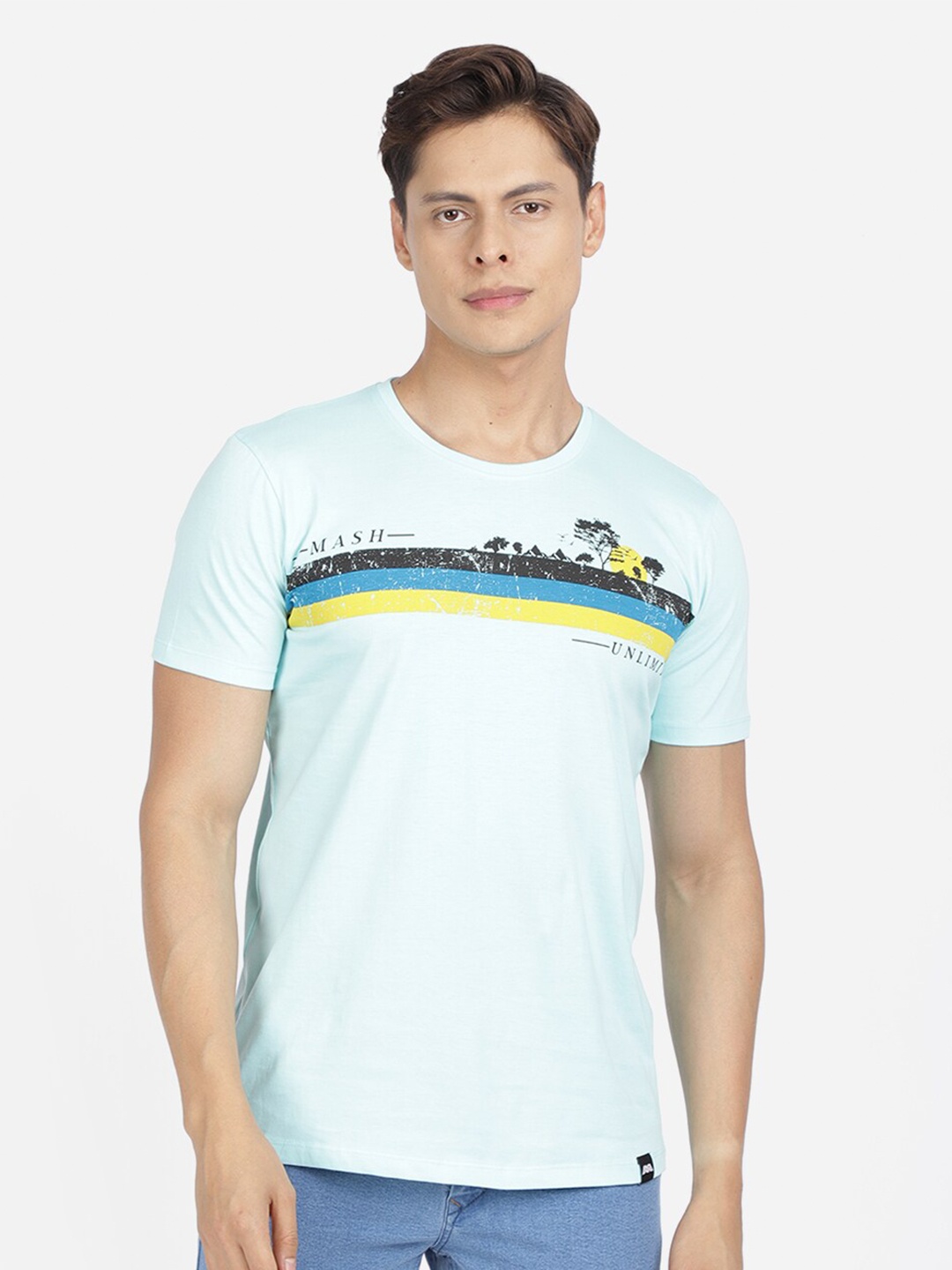 

MASH UNLIMITED Men Blue Typography Printed Slim Fit Cotton T-shirt