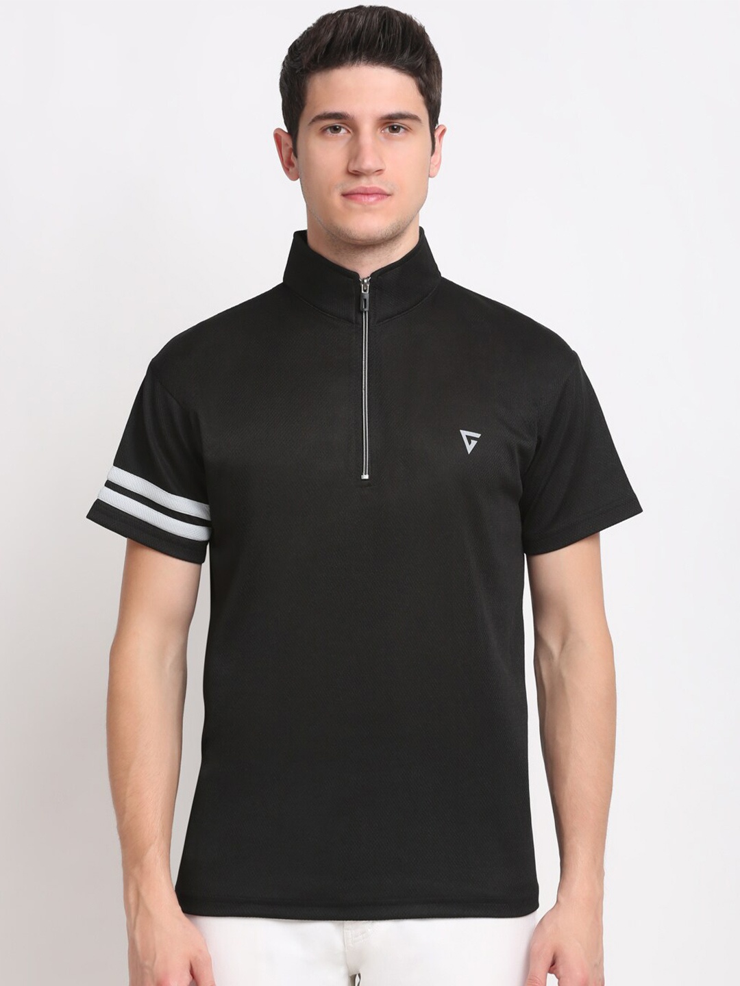 GRIFFEL Men Black High Neck Applique T-shirt