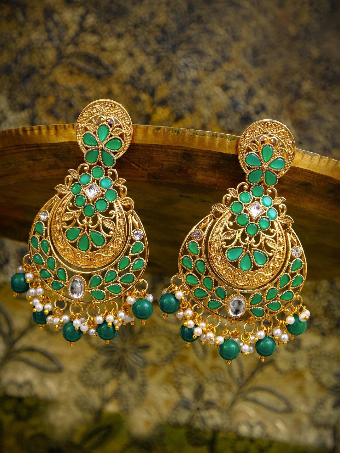 

Crunchy Fashion Gold & Green Teardrop Shaped Chandbalis Earrings