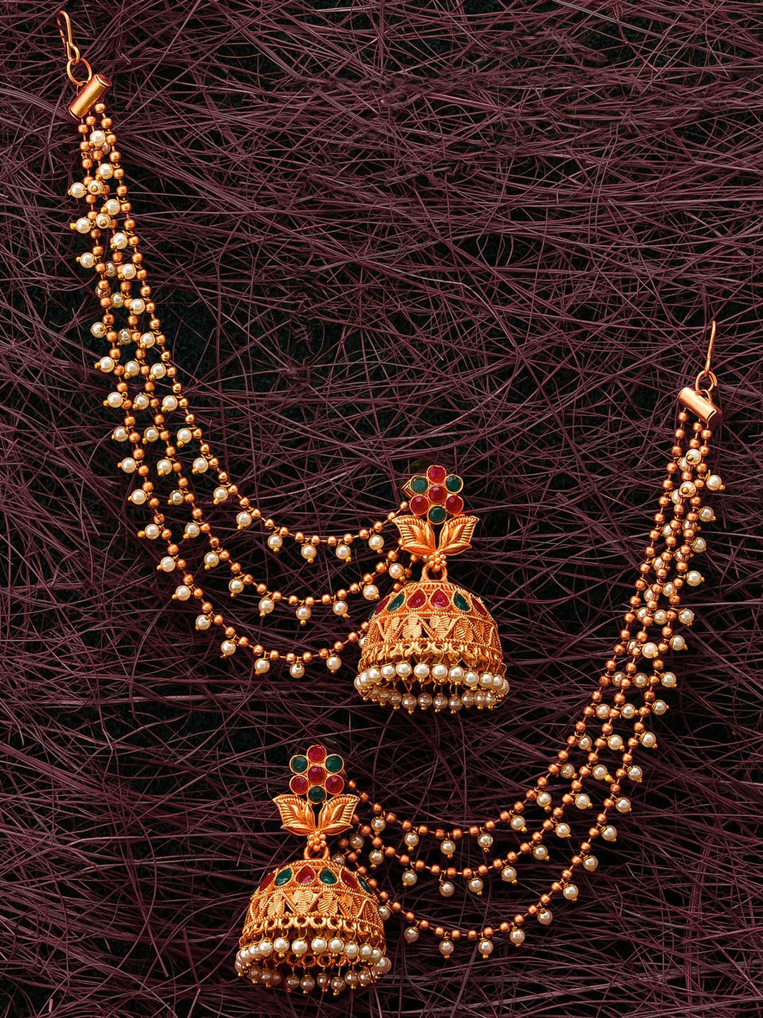 

aadita Gold & Red Dome Shaped Jhumkas Earrings & Hair Chain
