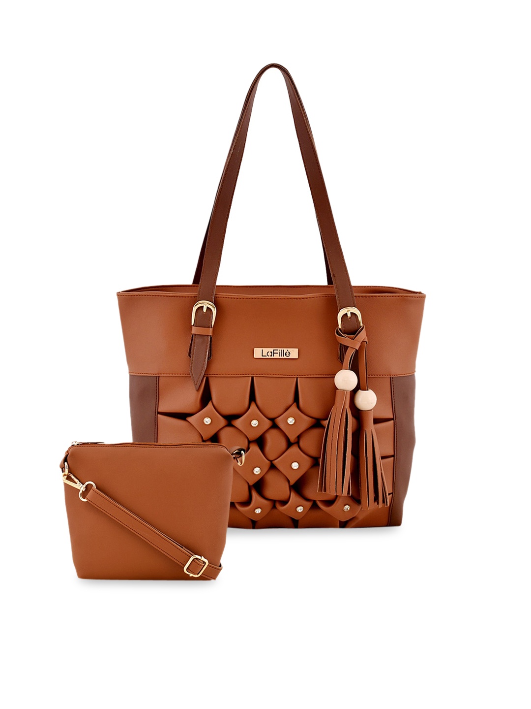 

LaFille Tan PU Swagger Shoulder Bag with Tasselled