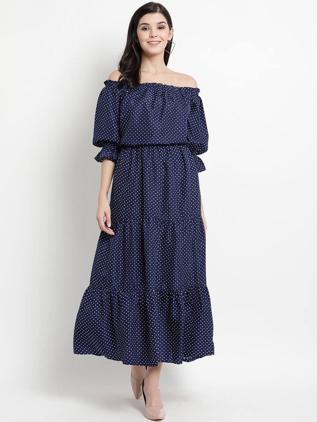 

The Vanca Navy Blue & White Off-Shoulder Layered A-Line Midi Dress