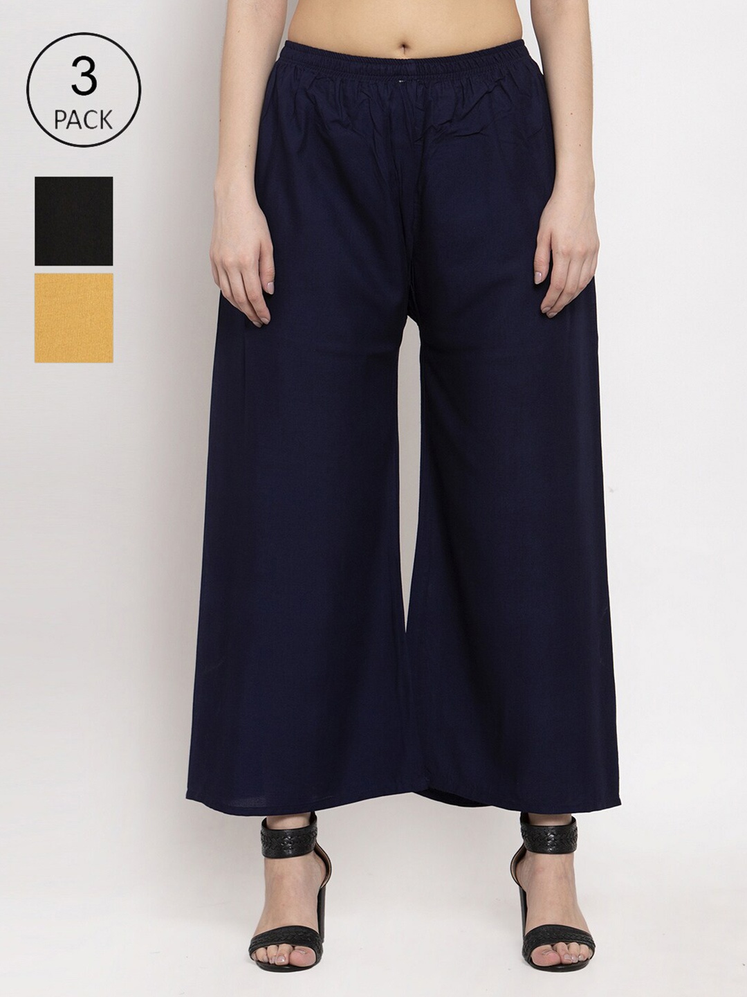 

Miaz Lifestyle Women Pack Of 3 Black & Navy Blue Flared Palazzos