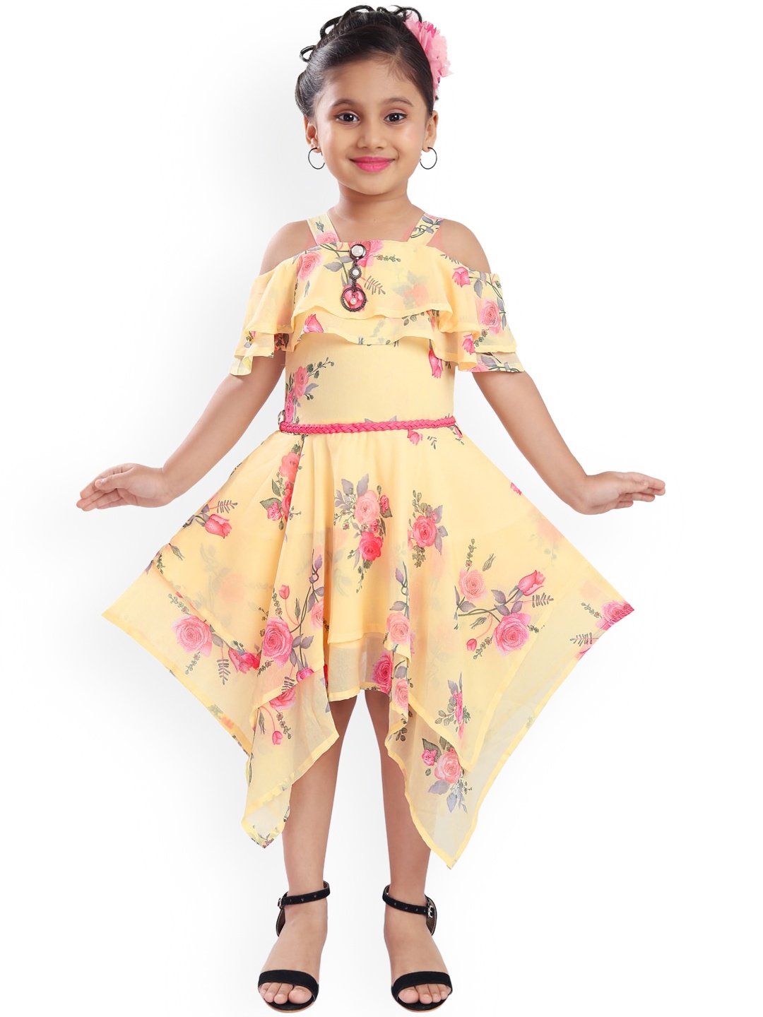 

Wish Karo Yellow Floral Georgette Dress