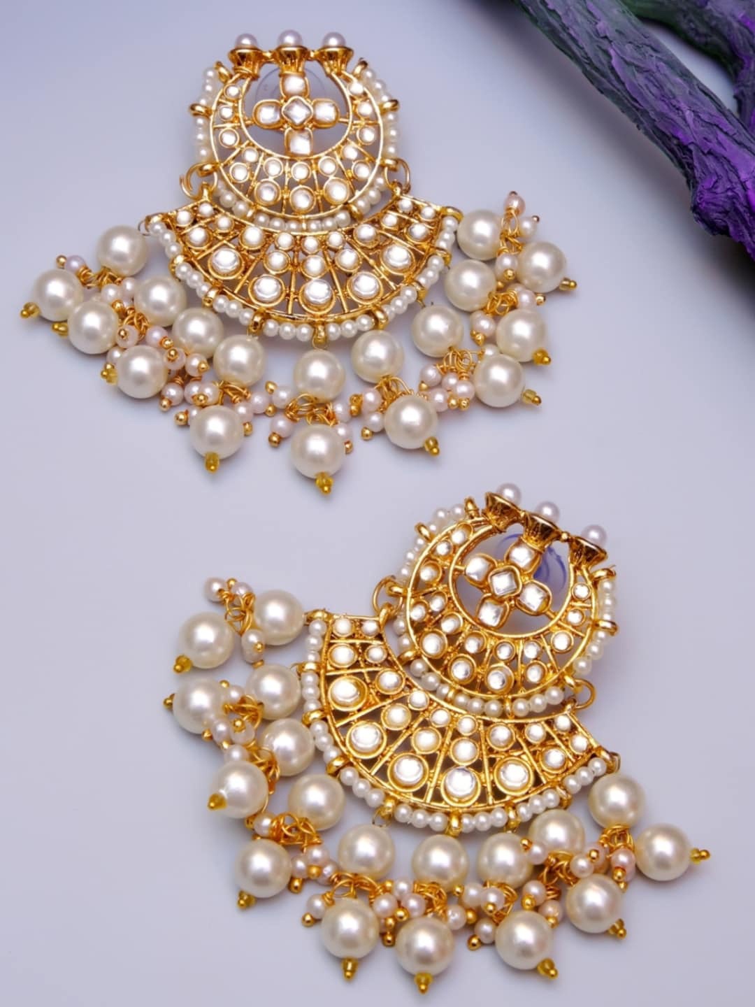 

Crunchy Fashion Gold & White Crescent Shaped Chandbalis Earrings