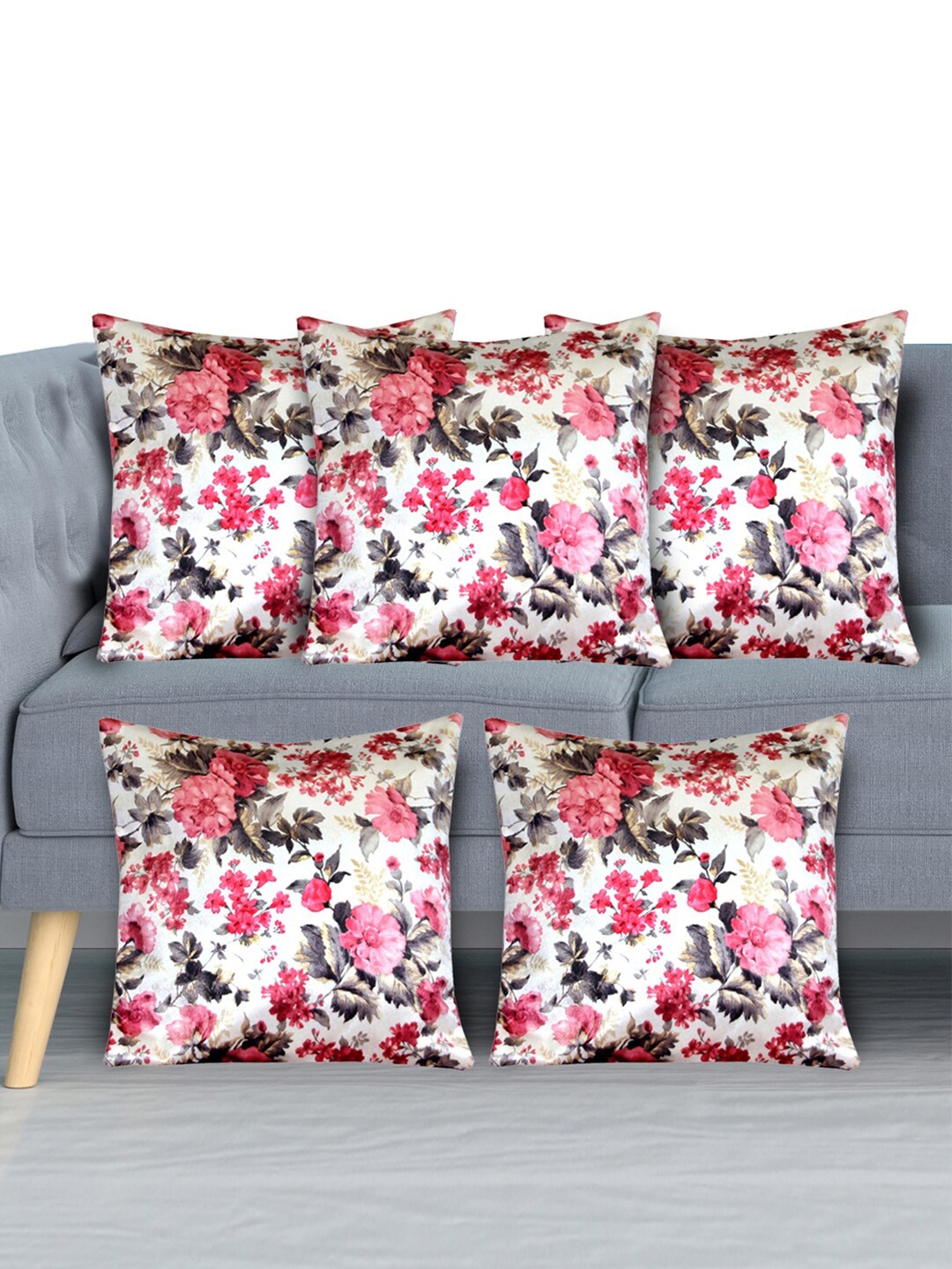 

Kuber Industries Cream & Pink Set of 5 Floral Velvet Square Cushion Covers