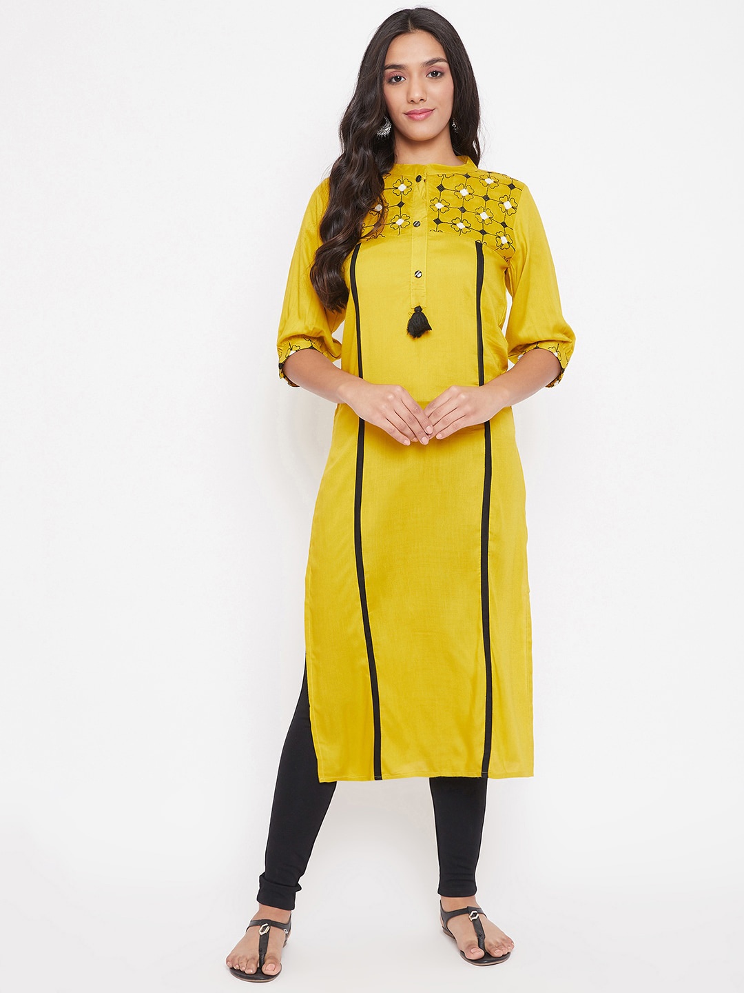 

WineRed Women Yellow Ethnic Motifs Embroidered Thread Work Kurta