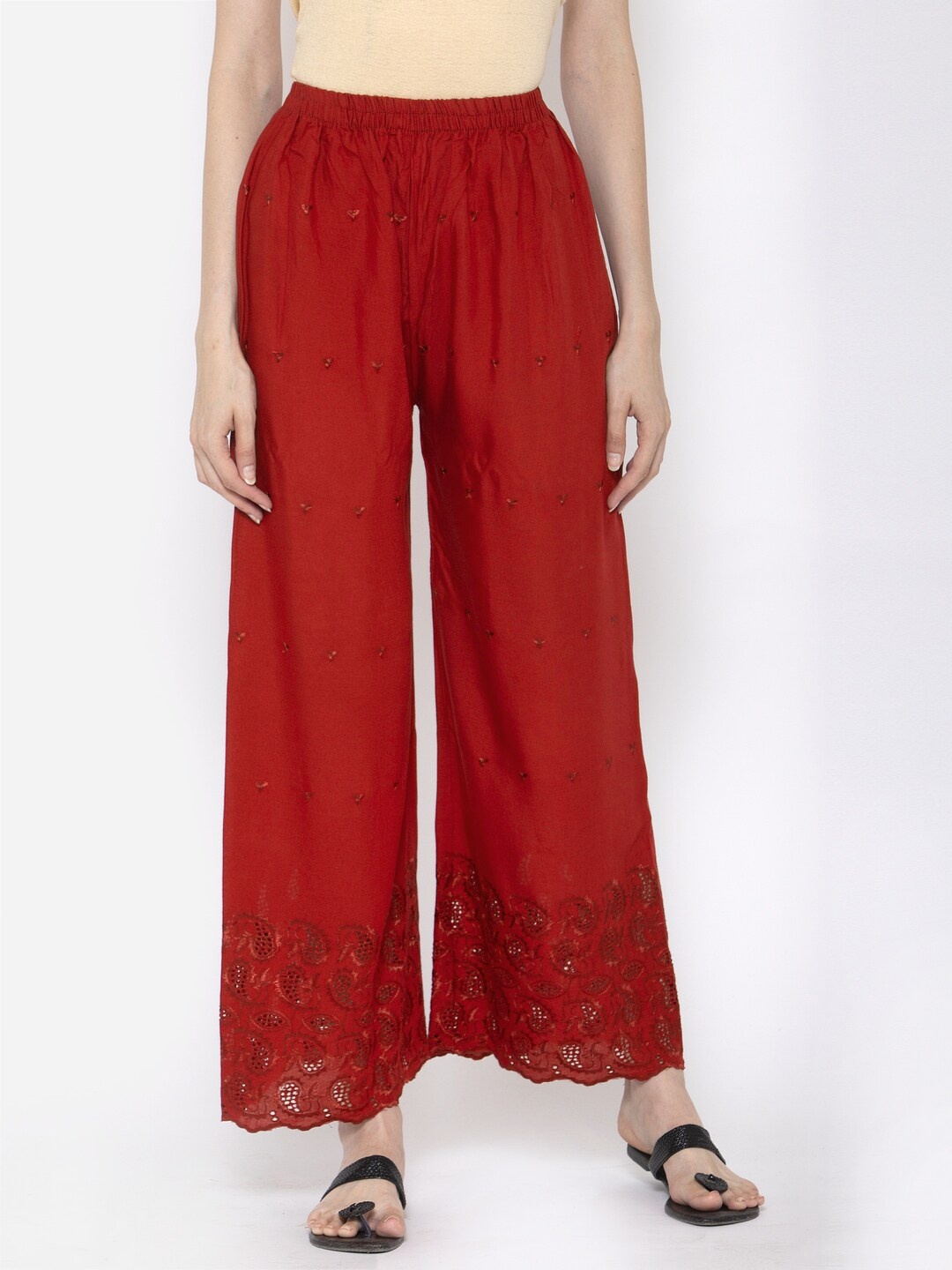 

KLOTTHE Women Red Floral Embroidered Palazzos