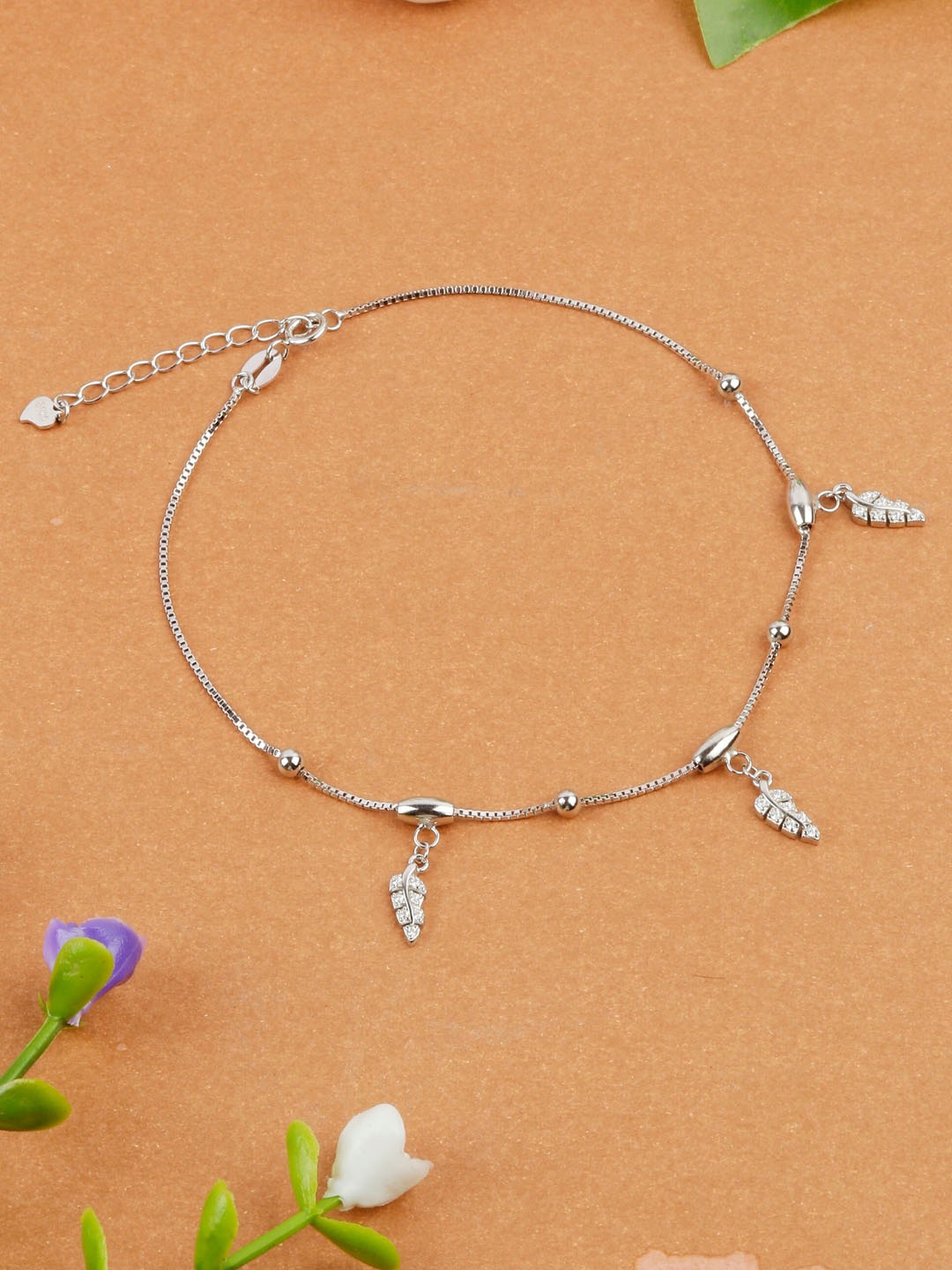 GIVA 925 Sterling Silver Rhodium Plated Zircon Adjustable Leaf Anklet
