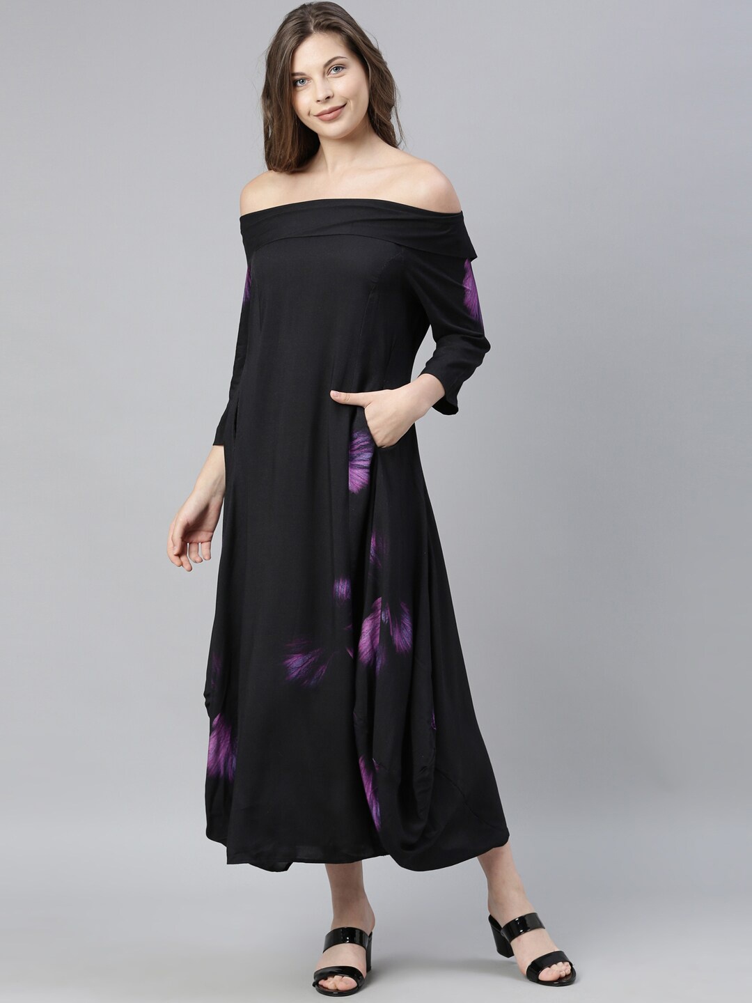 

RAREISM Black Off-Shoulder A-Line Maxi Dress