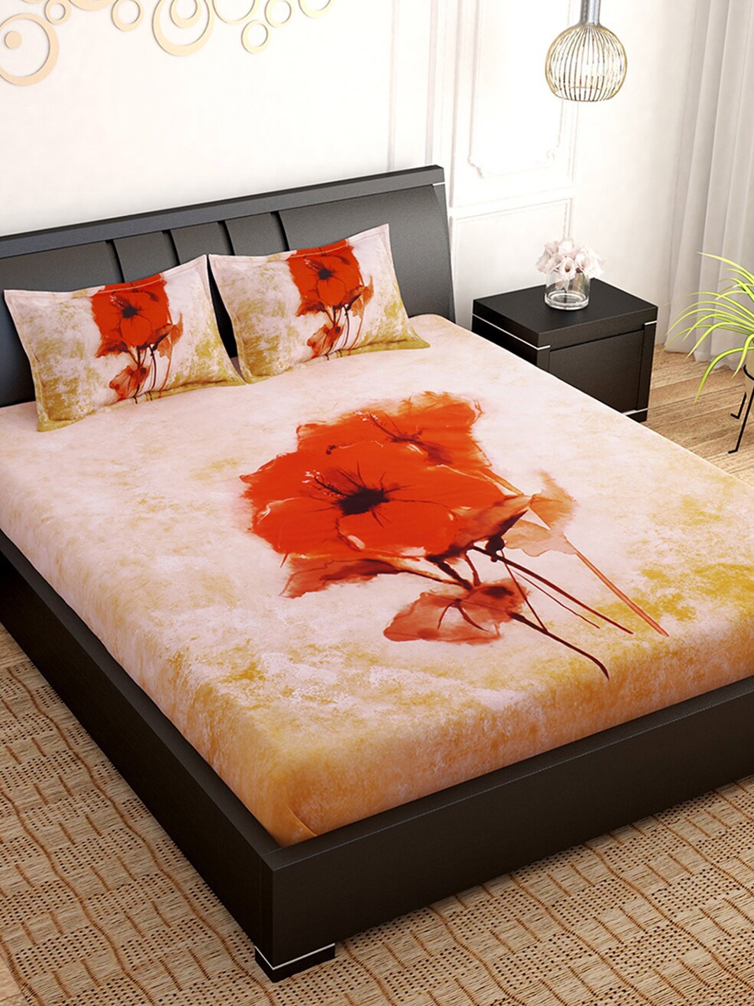 PAVO Beige & Red Floral 300 TC King Bedsheet with 2 Pillow Covers