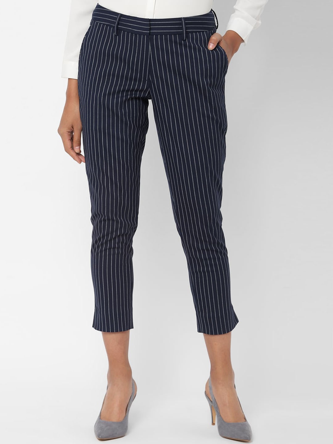 

Allen Solly Woman Women Navy Blue Striped Slim Fit Regular Trousers
