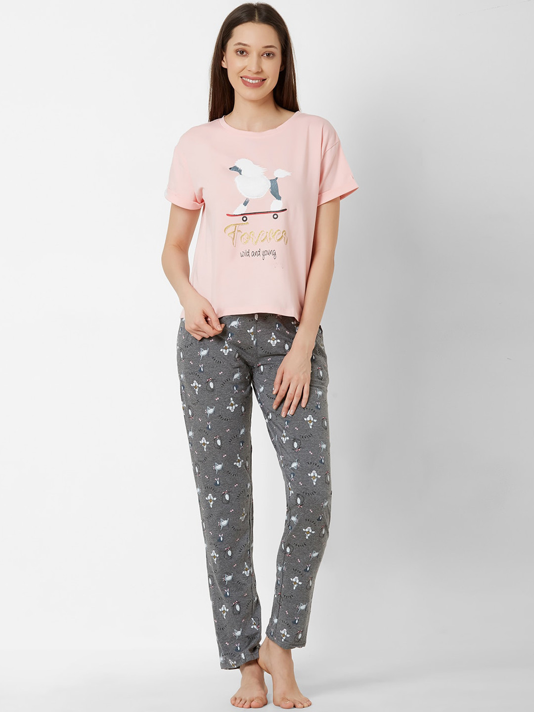 

Sweet Dreams Women Pink & Grey Printed Night Suit