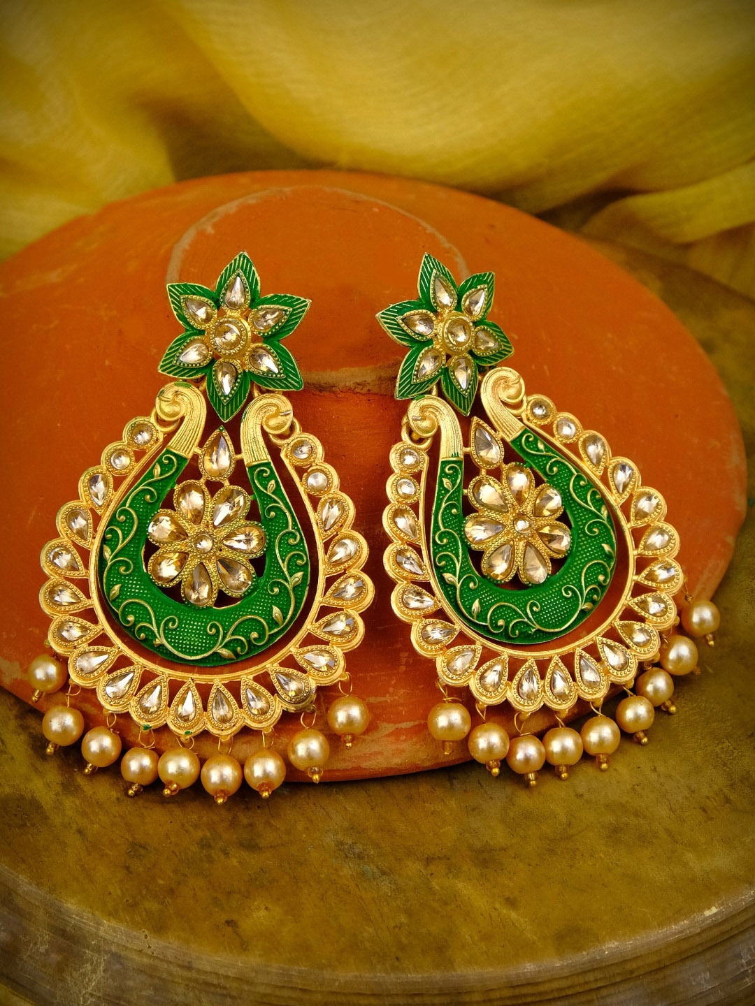 

Crunchy Fashion Gold & Green Contemporary Chandbalis Earrings
