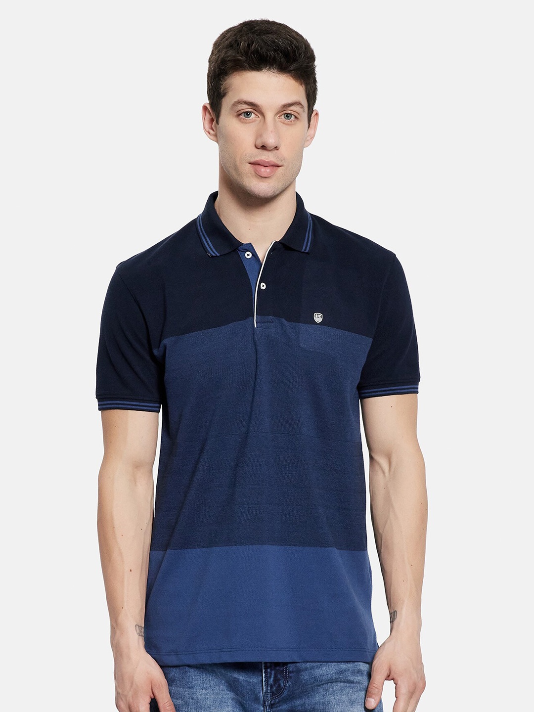 

Octave Men Blue Colourblocked Polo Collar Cotton T-shirt