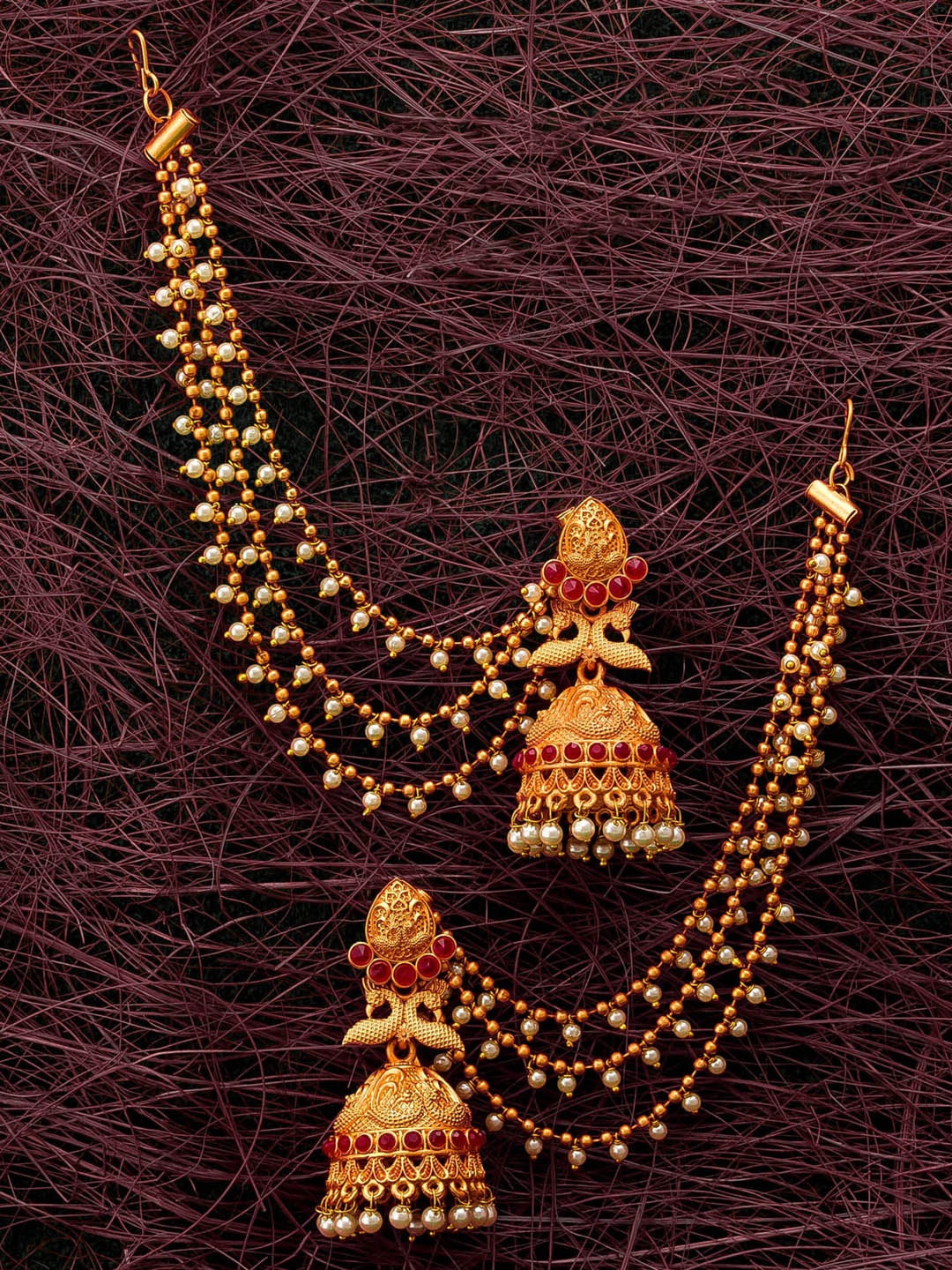 

aadita Gold-Plated Drop Contemporary Earrings With Hair Chain