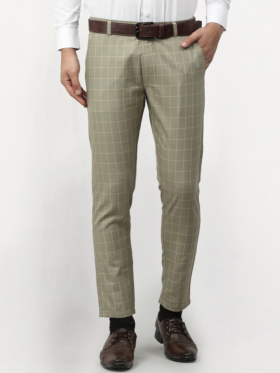 

JAINISH Men Sea Green Checked Tapered Fit Formal Trousers