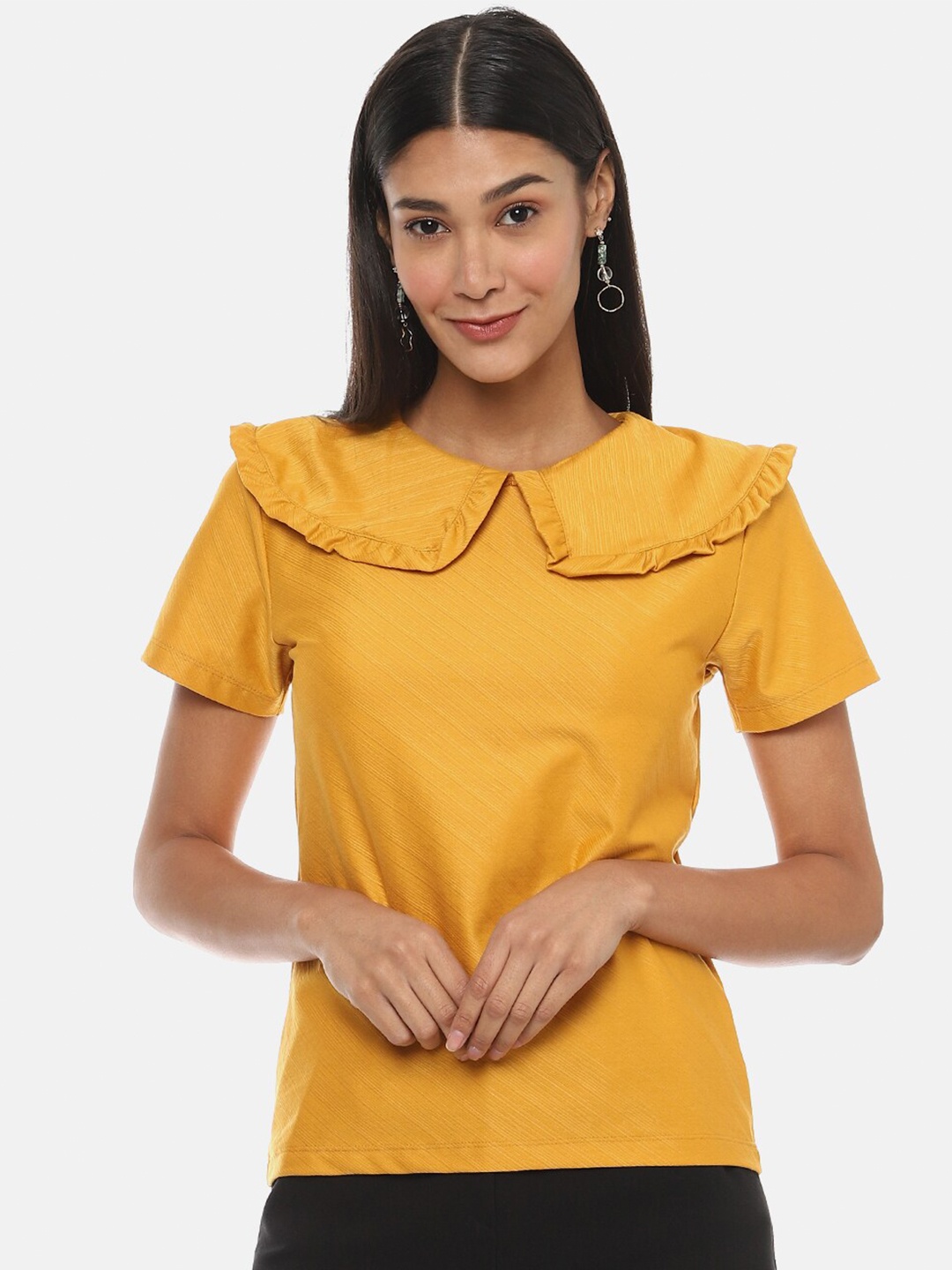 

Campus Sutra Mustard Yellow Peter Pan Collar Regular Cotton Top