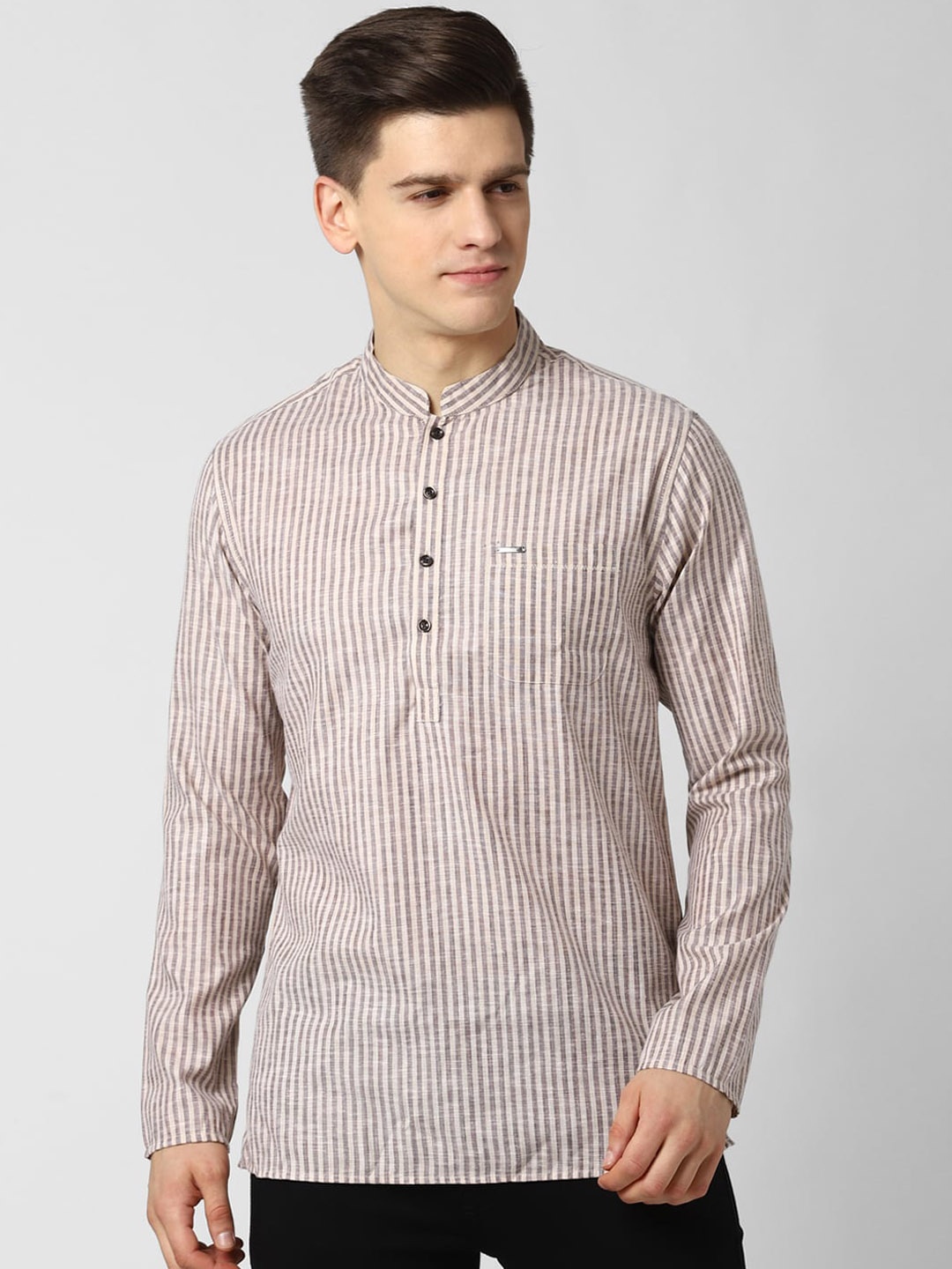 Peter England Men Beige & Grey Striped Kurta