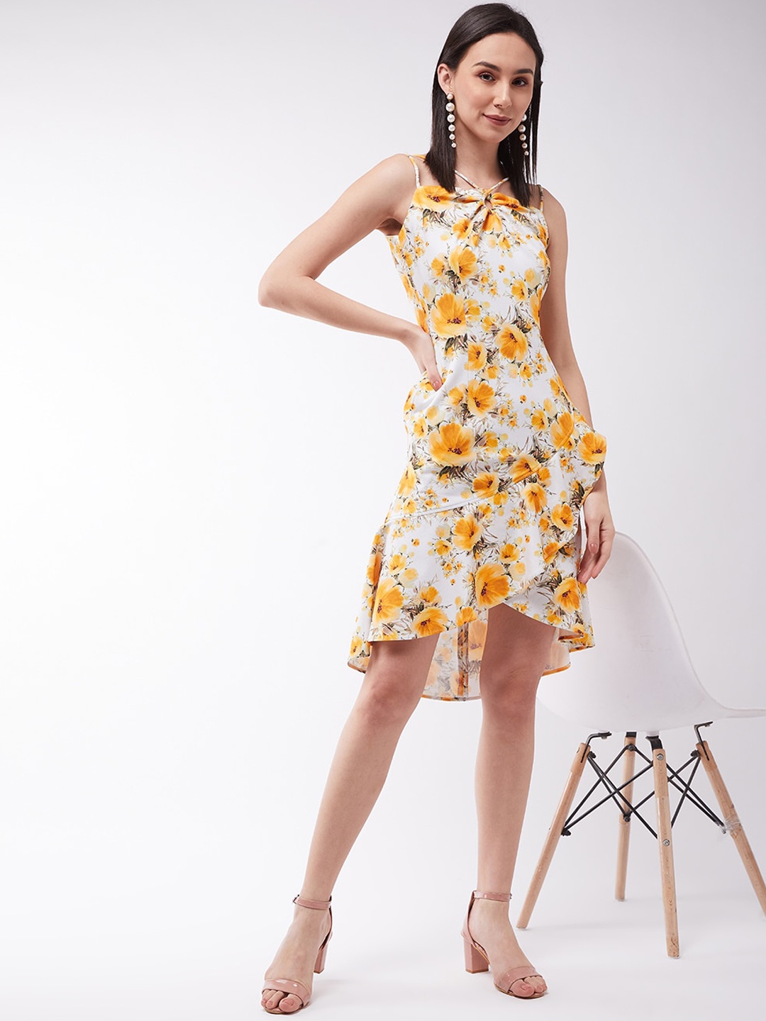 

Miss Chase Off White & Yellow Floral Crepe A-Line Dress