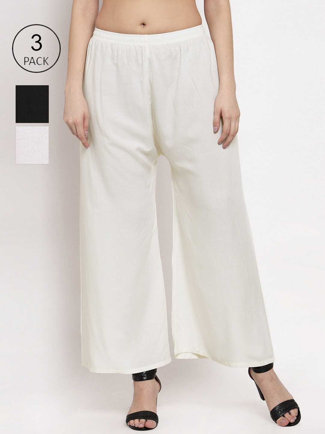 

Miaz Lifestyle Women Pack Of 3 Flared Palazzos, Off white