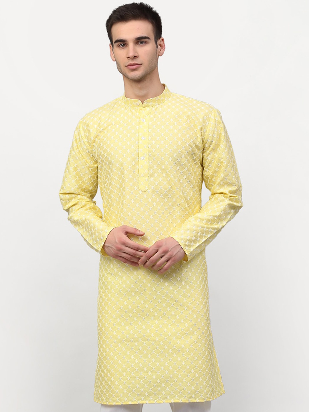 

Jompers Men Yellow Embroidered Thread Work Kurta