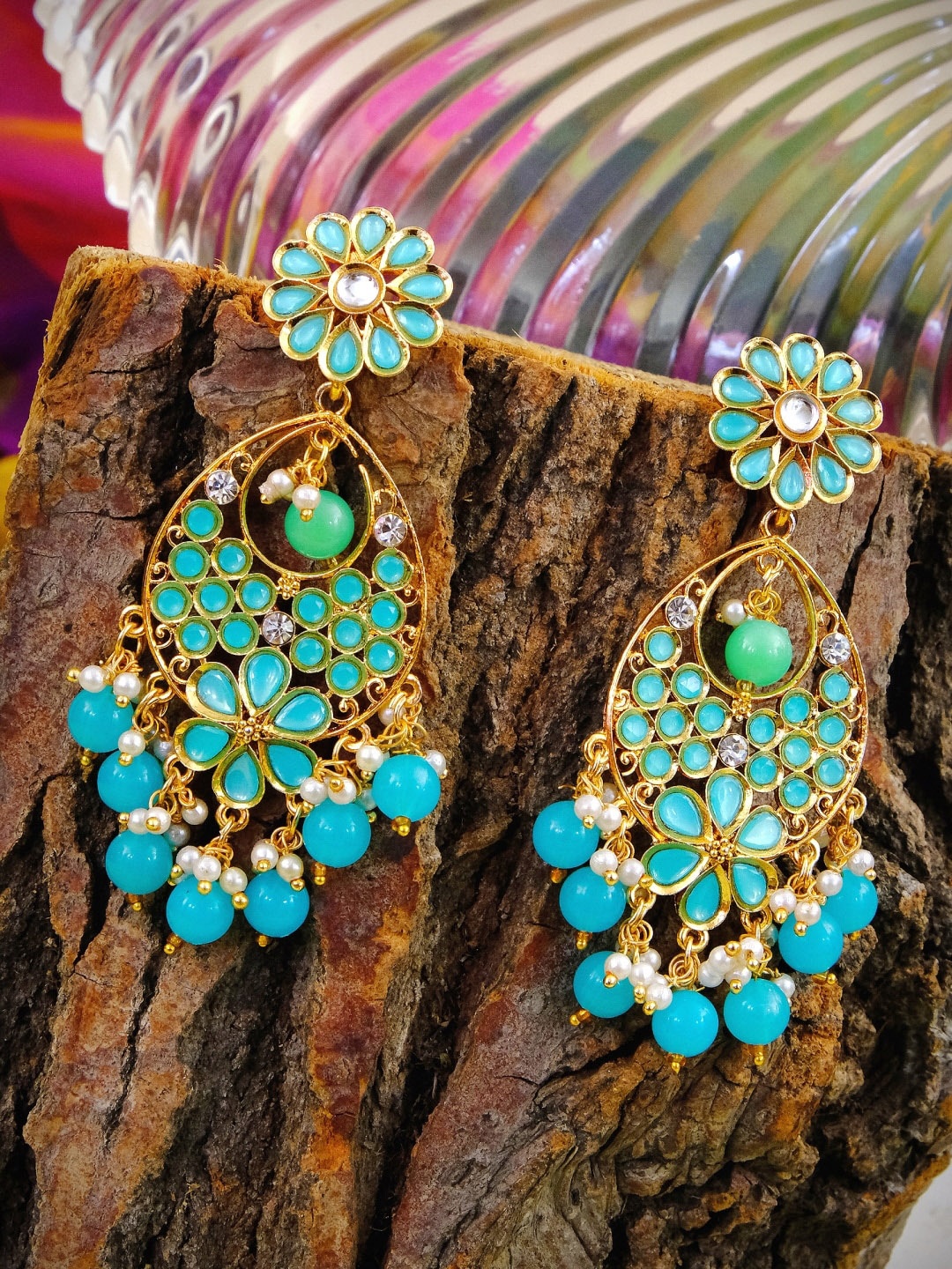 

Crunchy Fashion Gold-Plated Blue Floral Contemporary Drop Earrings