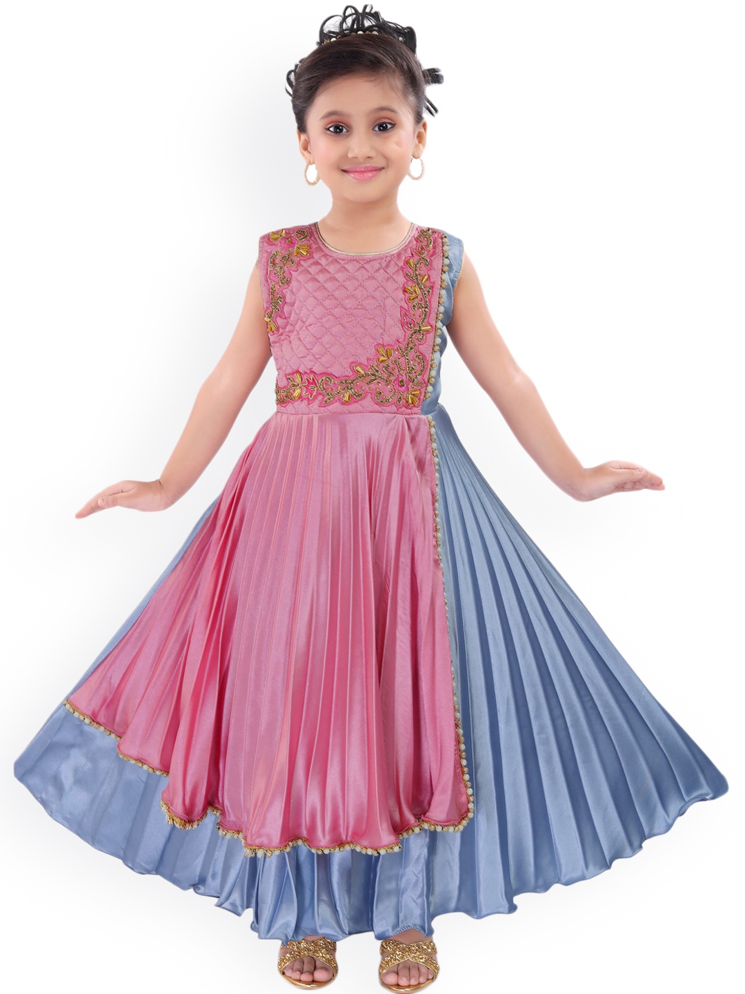 

Wish Karo Girls Pink & Blue Colourblocked Satin Maxi Dress